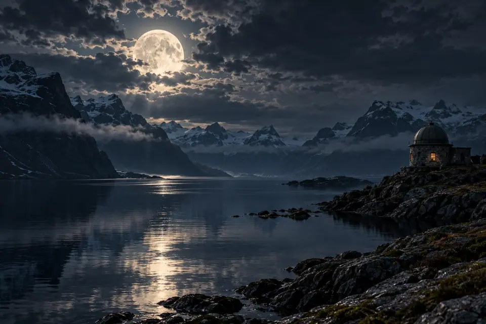 Original atmospheric illustration of a moonlit northern fjord and a small observatory on the shore.
